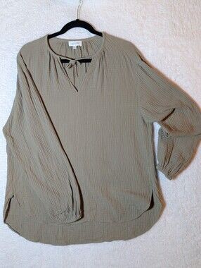 188-Haven‎ Olive Taupe Gaze Tie-Neck Blouse - Lightweight Long Sleeve